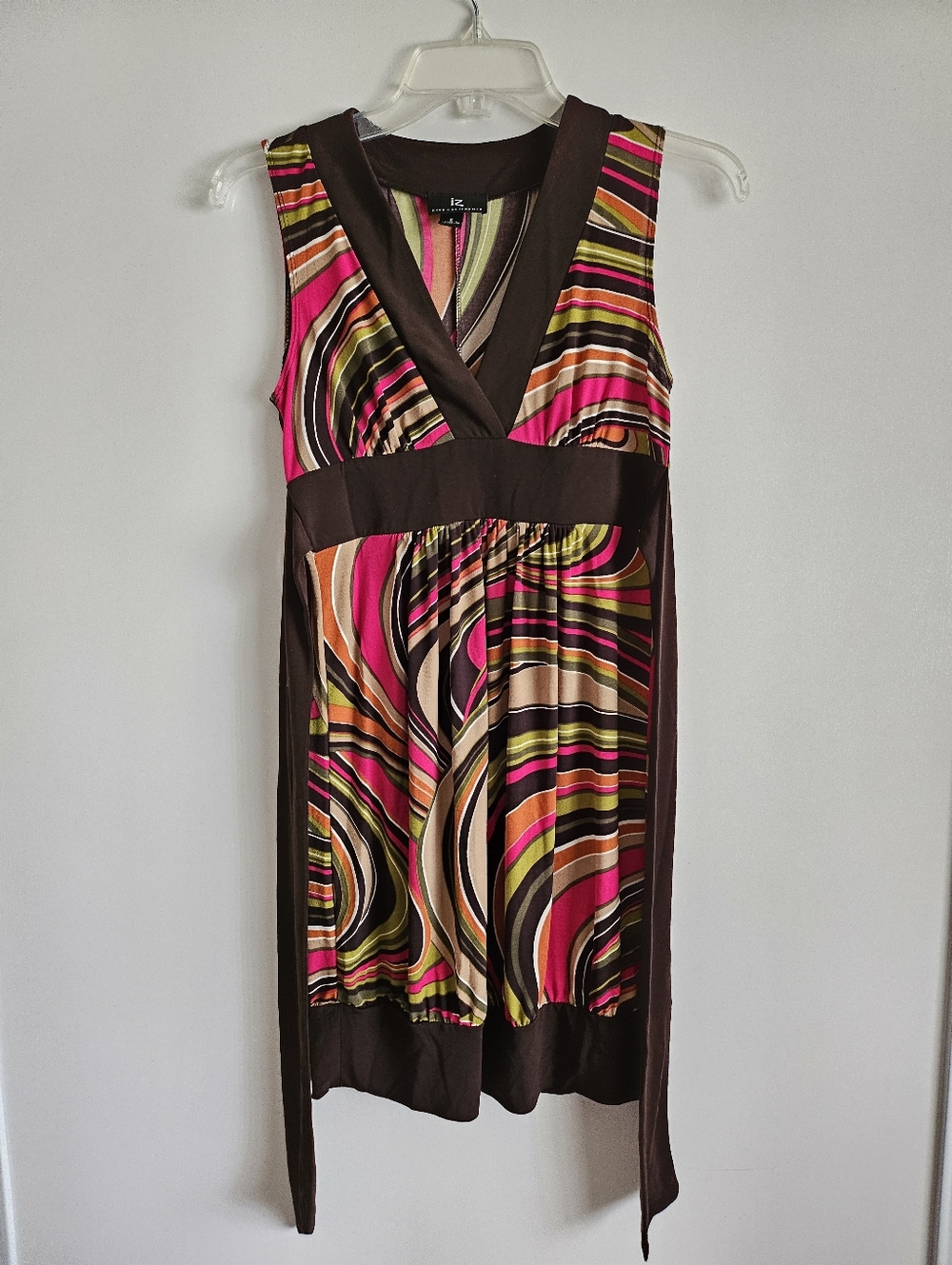 y2k Retro IZ Byer California Multicolor Brown Sleeveless Dress ties in back Sz S